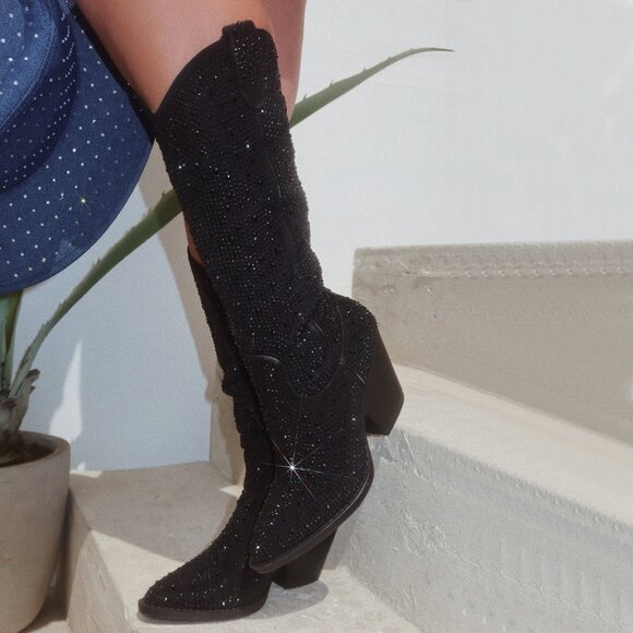 New Black Rhinestone Western Cowboy/Cowgirl Mid Calf Knee Boot 3" Block Heel Zip - Picture 1 of 4